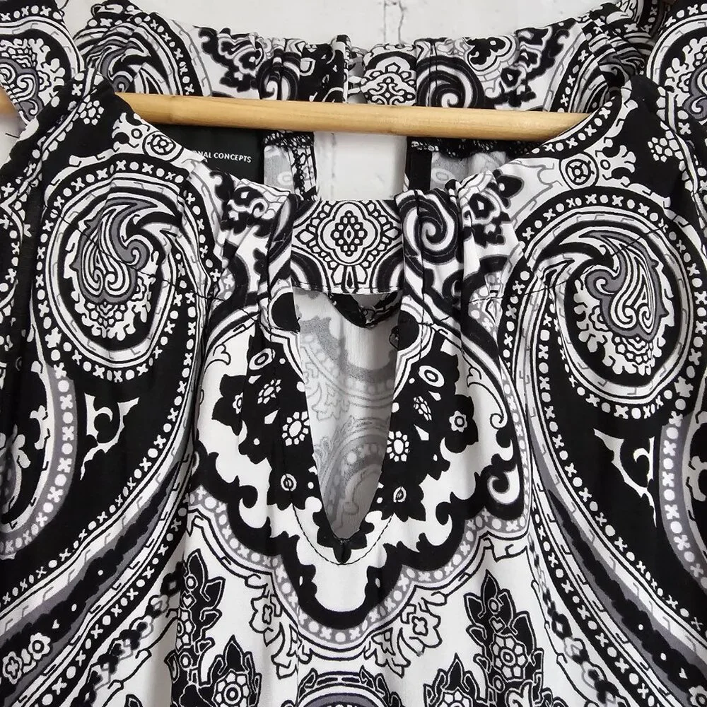 INC International Concepts Top M Black White Paisley Sleeveless Pom Pom Hem Trim - Picture 9 of 13